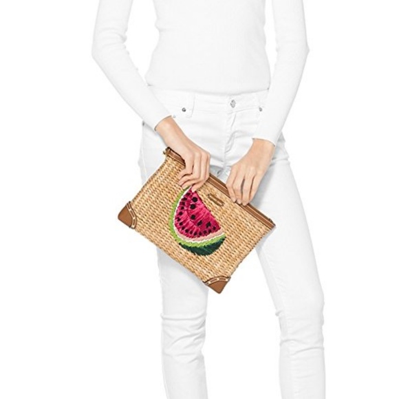 MICHAEL KORS Watermelon Woven Straw Large CLUTCH - Picture 7 of 8